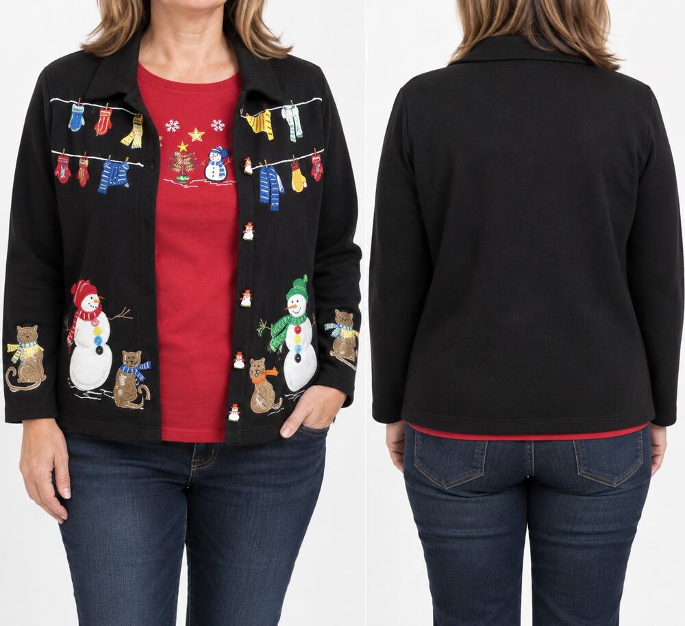 Onque Casuals Christmas 2 Piece Set Womens L Snowman Cat Embroidered Jacket Tee